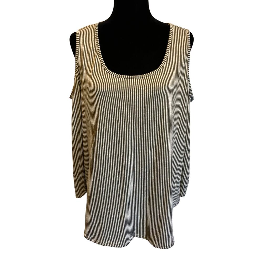 Queen Bees Womens‎ Top Size 2X Cold Shoulder Ribbed Knit Olive Green Stripe NEW